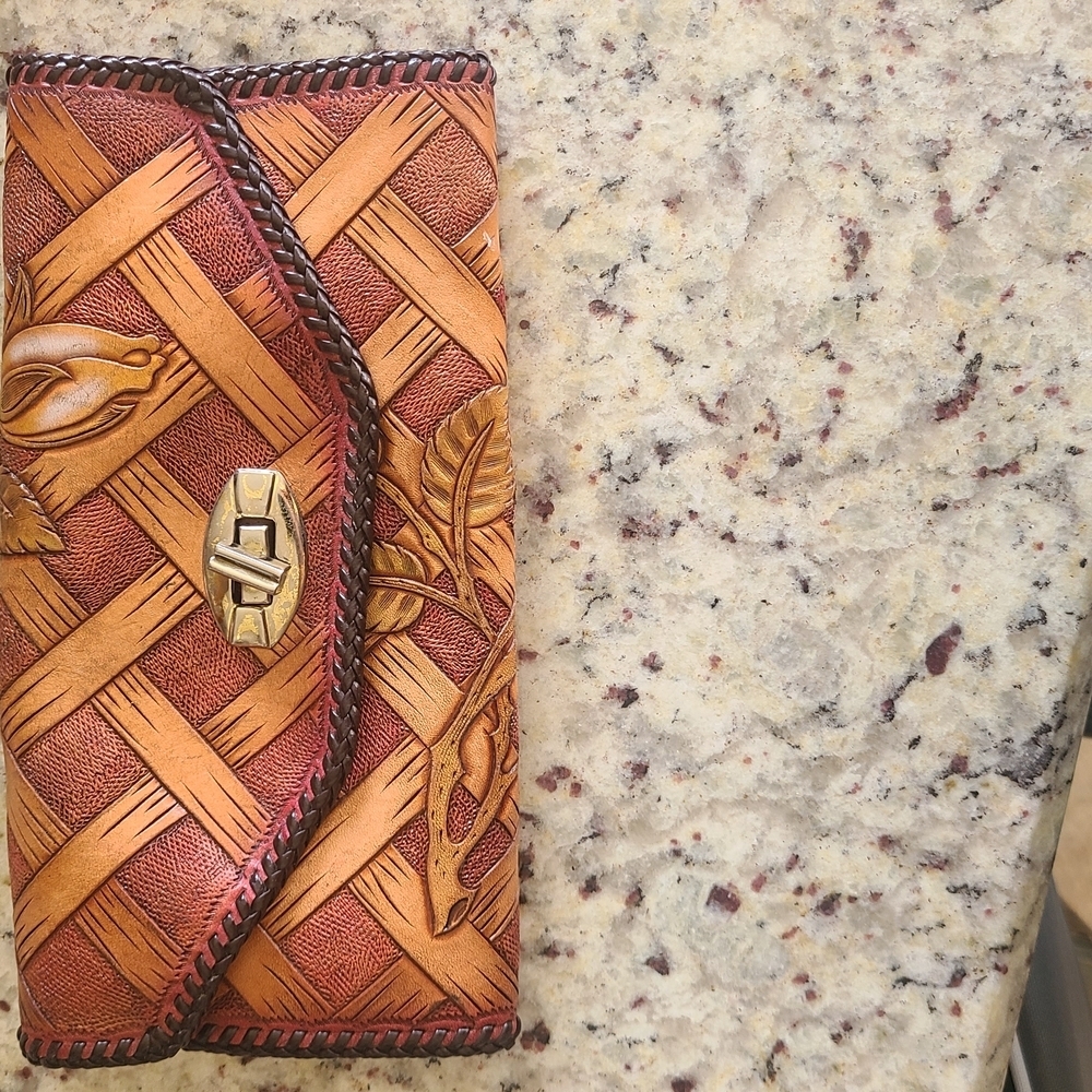 Tan and Brown Woven Leather Wallet with Turn-Lock Closure